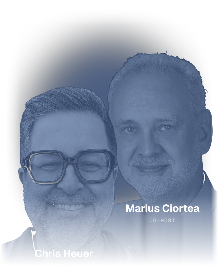 Duotone portrait of host Chris Heuer and co-host Marius Ciortea